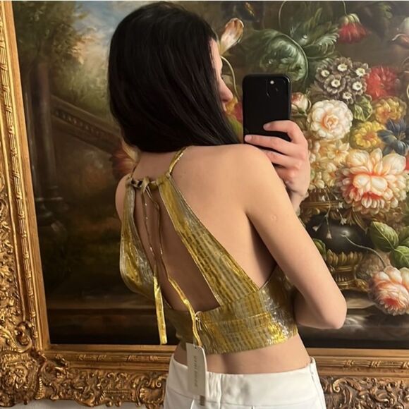 RAMY BROOK Crop Top Halter Adriana Silk Metallic Gold Silver Size 10 - Picture 6 of 10